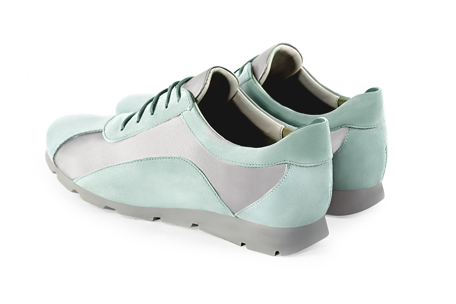 Aquamarine blue and light silver women's two-tone elegant sneakers. Round toe. Flat rubber soles. Rear view - Florence KOOIJMAN